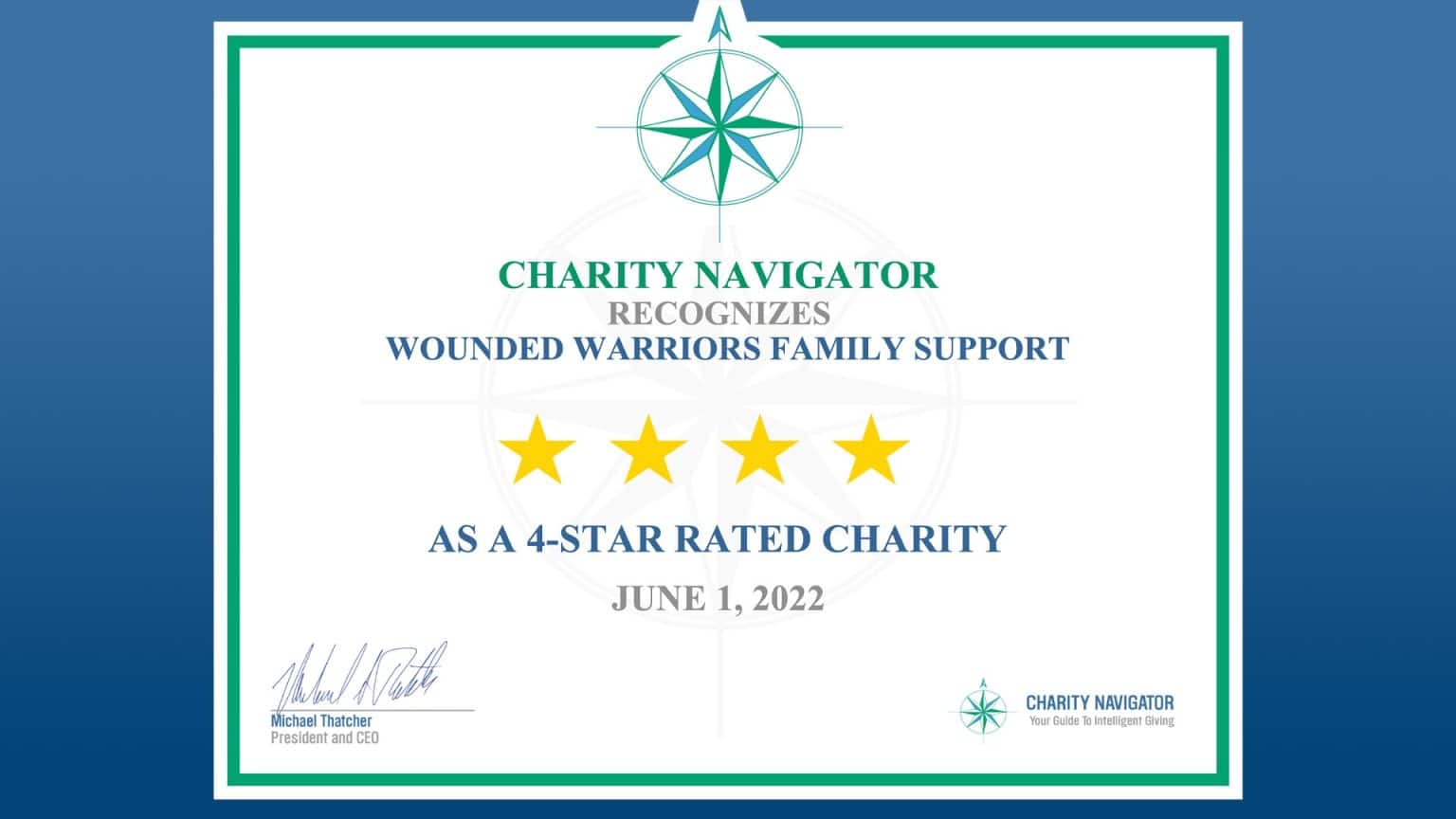 Charity Navigator Awards Wounded Warriors Family Support their top 4