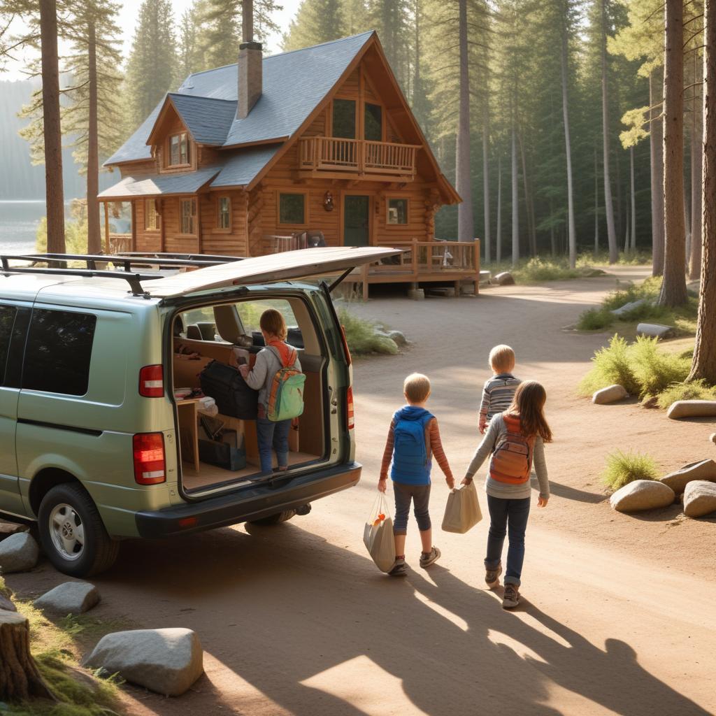 Family arriving at a lakeside retreat cabin