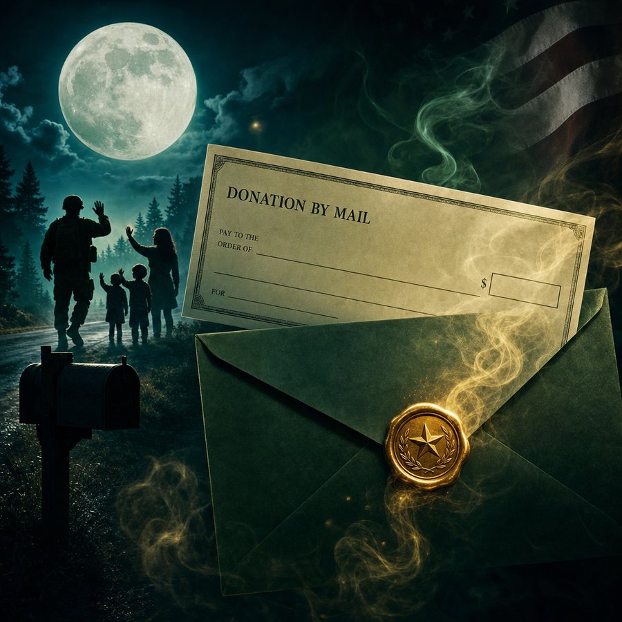 Green night scene with a donation check and sealed envelope in drifting smoke, a mailbox under a full moon, and a soldier and family waving