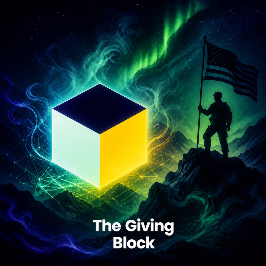 Night scene with a glowing cube logo of The Giving Block among green aurora light and smoke, and a soldier in silhouette raising an American flag on a mountain ridge