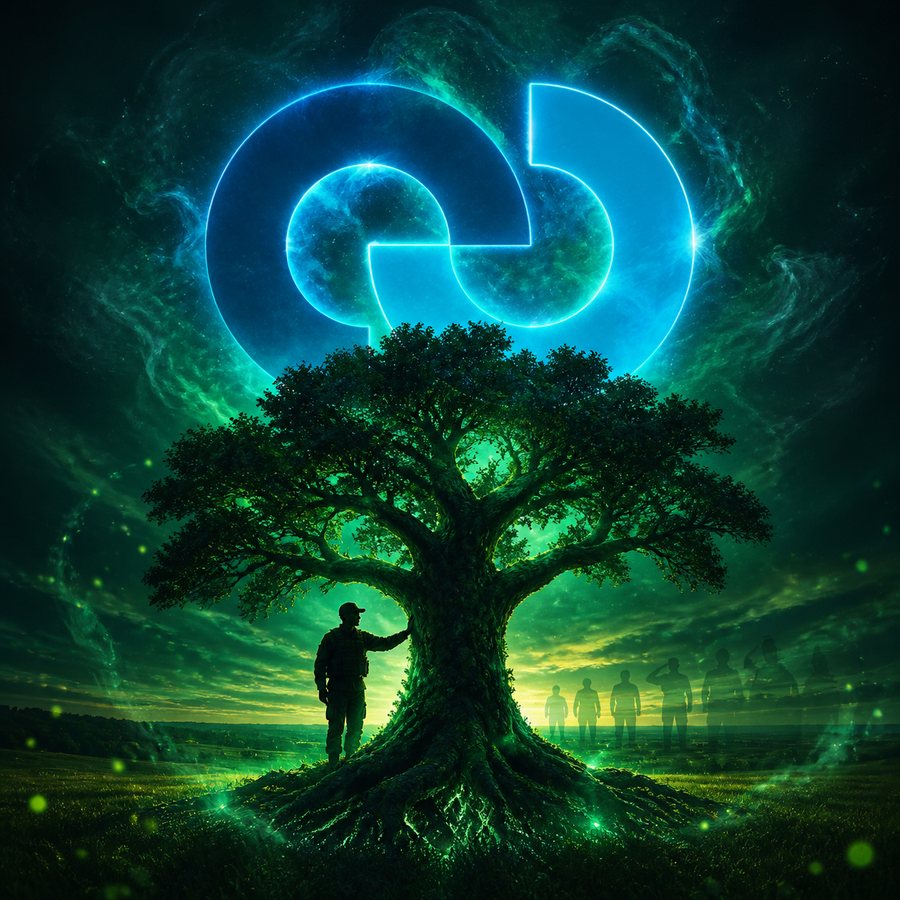 A green night landscape with a veteran in silhouette resting a hand on a great oak tree beneath the glowing double-ring mark of the Omaha Community Foundation