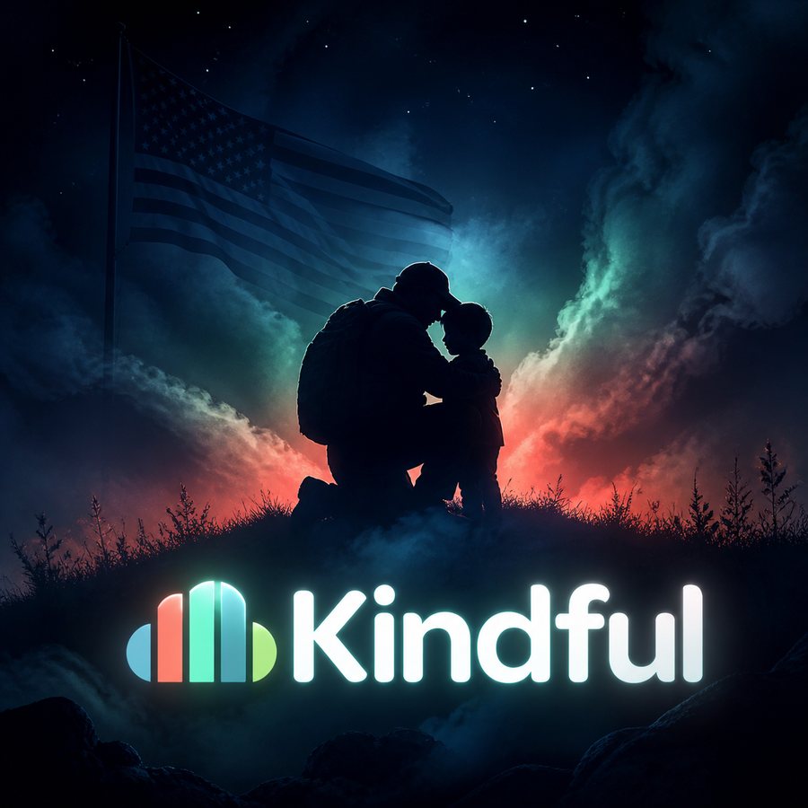 Night scene: a veteran in silhouette kneels on a hill and hugs a child beneath a waving American flag, with the glowing Kindful logo below
