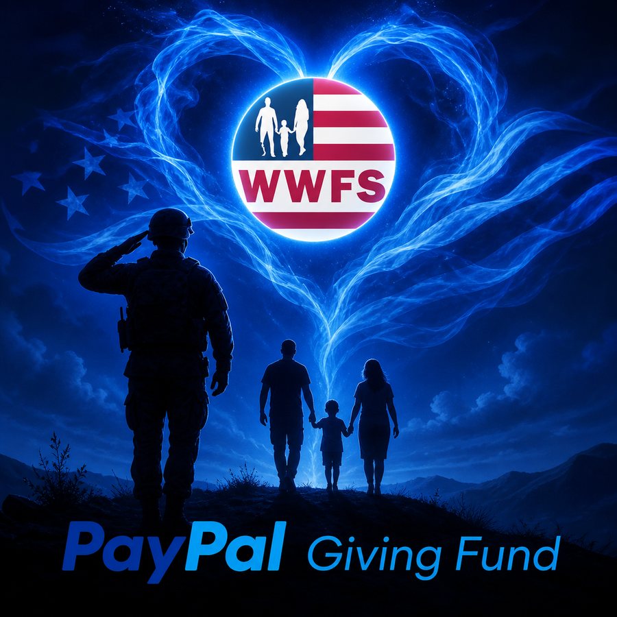 Blue night sky with a soldier saluting, a military family walking hand in hand, a heart of blue smoke and the WWFS emblem above the PayPal Giving Fund name
